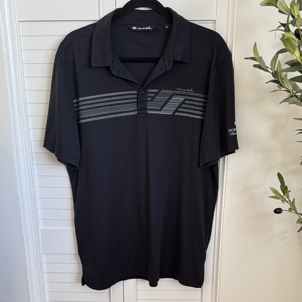 Travis Mathew Men’s Black Polo with Gray Stripe Accent, Poppy Hills Pebble Beach